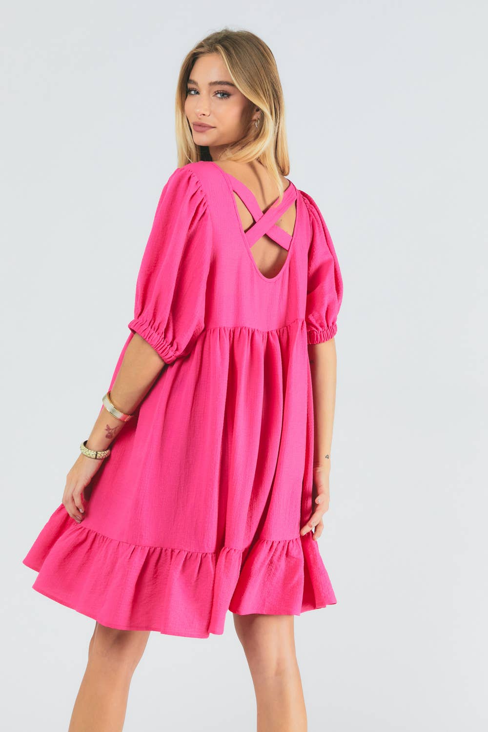 SOLID ROUND NECK RUFFLE MINI DRESS