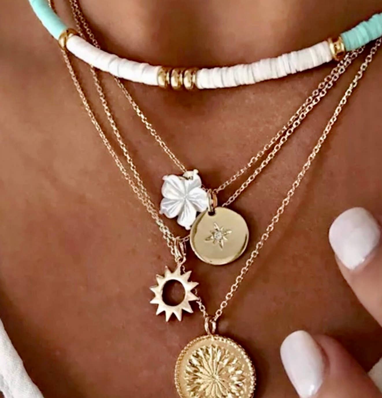 Layered Necklace-Aqua + White