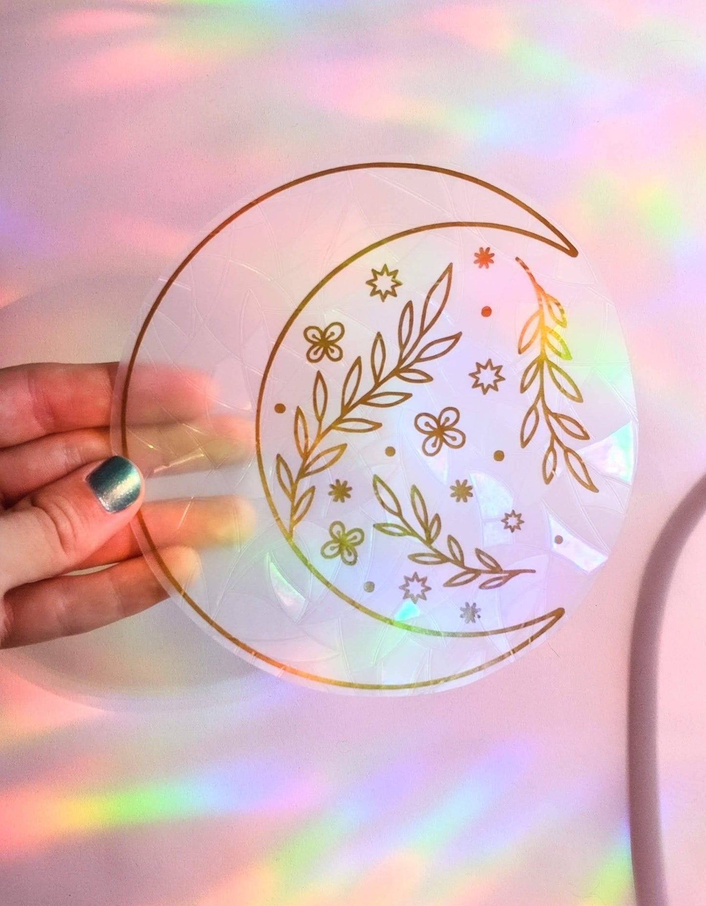 Floral Moon Suncatcher, Window Sticker, Rainbow Maker, Static Cling, Boho decor, mystical dreamy gift