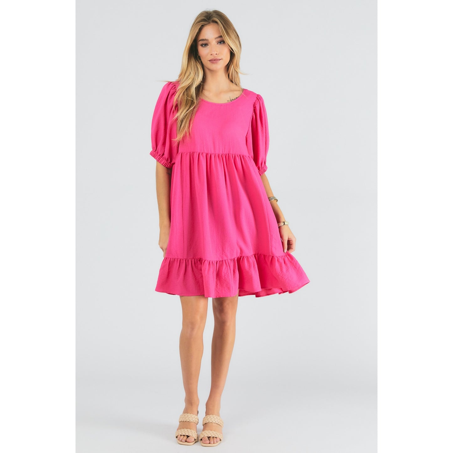 SOLID ROUND NECK RUFFLE MINI DRESS