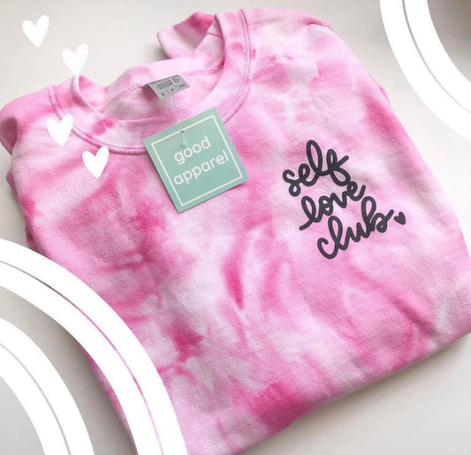 Self Love Club Crewneck Sweater  Tie Dye Pink